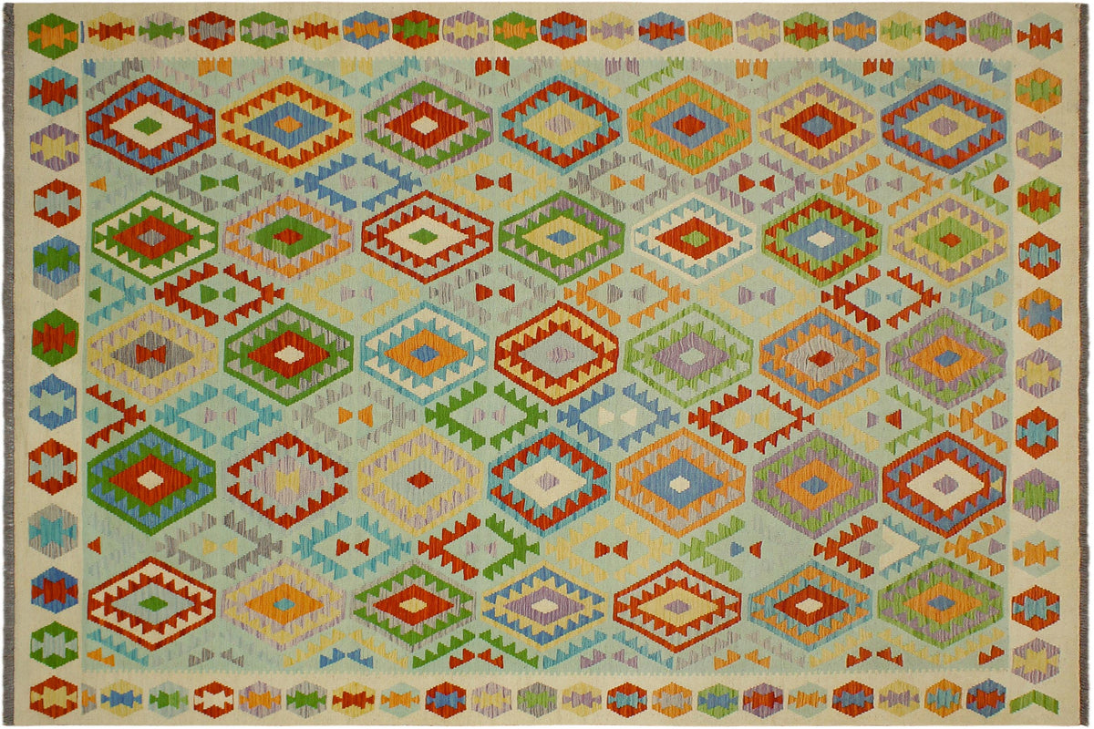 handmade Geometric Kilim Blue Beige Hand-Woven RECTANGLE 100% WOOL area rug 8 x 10