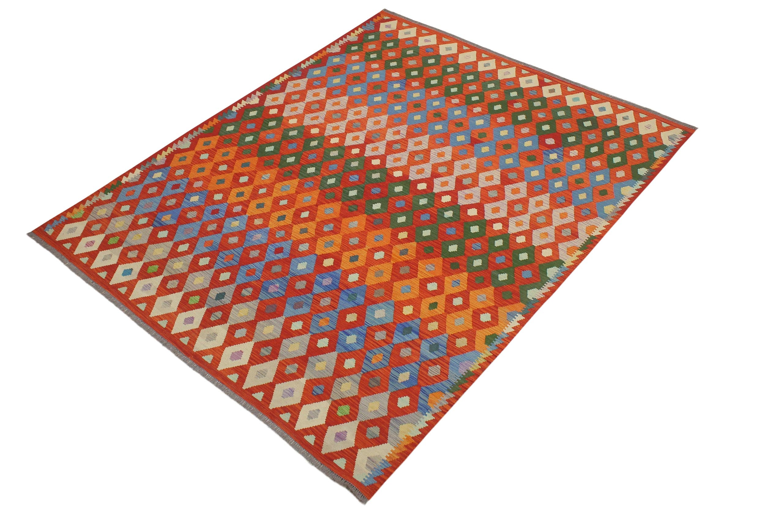 handmade Modern Kilim Rust Blue Hand-Woven RECTANGLE 100% WOOL area rug 8x10