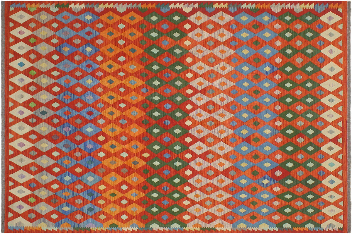 handmade Modern Kilim Rust Blue Hand-Woven RECTANGLE 100% WOOL area rug 8x10