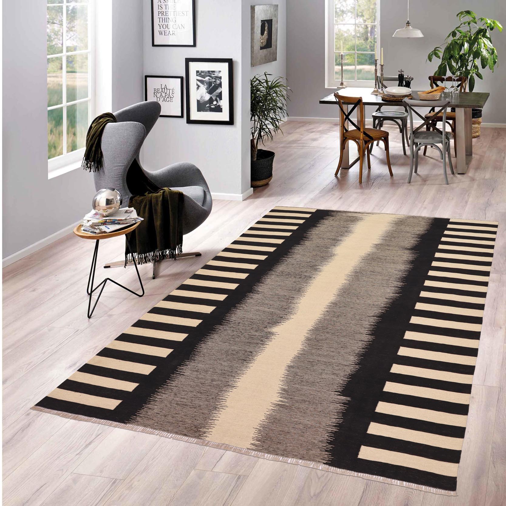 handmade Modern Kilim Beige Black Hand-Woven RECTANGLE 100% WOOL area rug 8 x 10