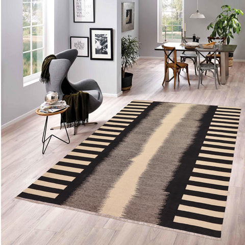 handmade Modern Kilim Beige Black Hand-Woven RECTANGLE 100% WOOL area rug 8 x 10