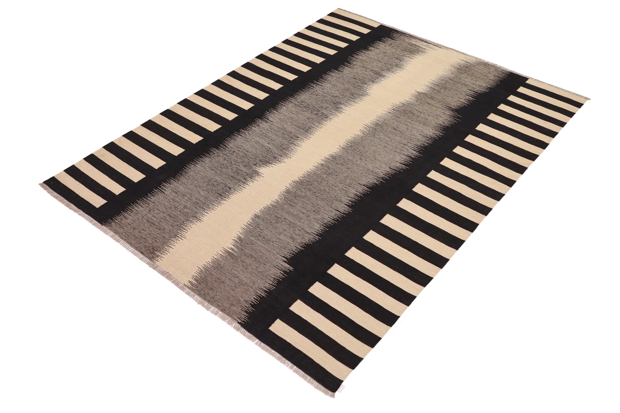 handmade Modern Kilim Beige Black Hand-Woven RECTANGLE 100% WOOL area rug 8 x 10