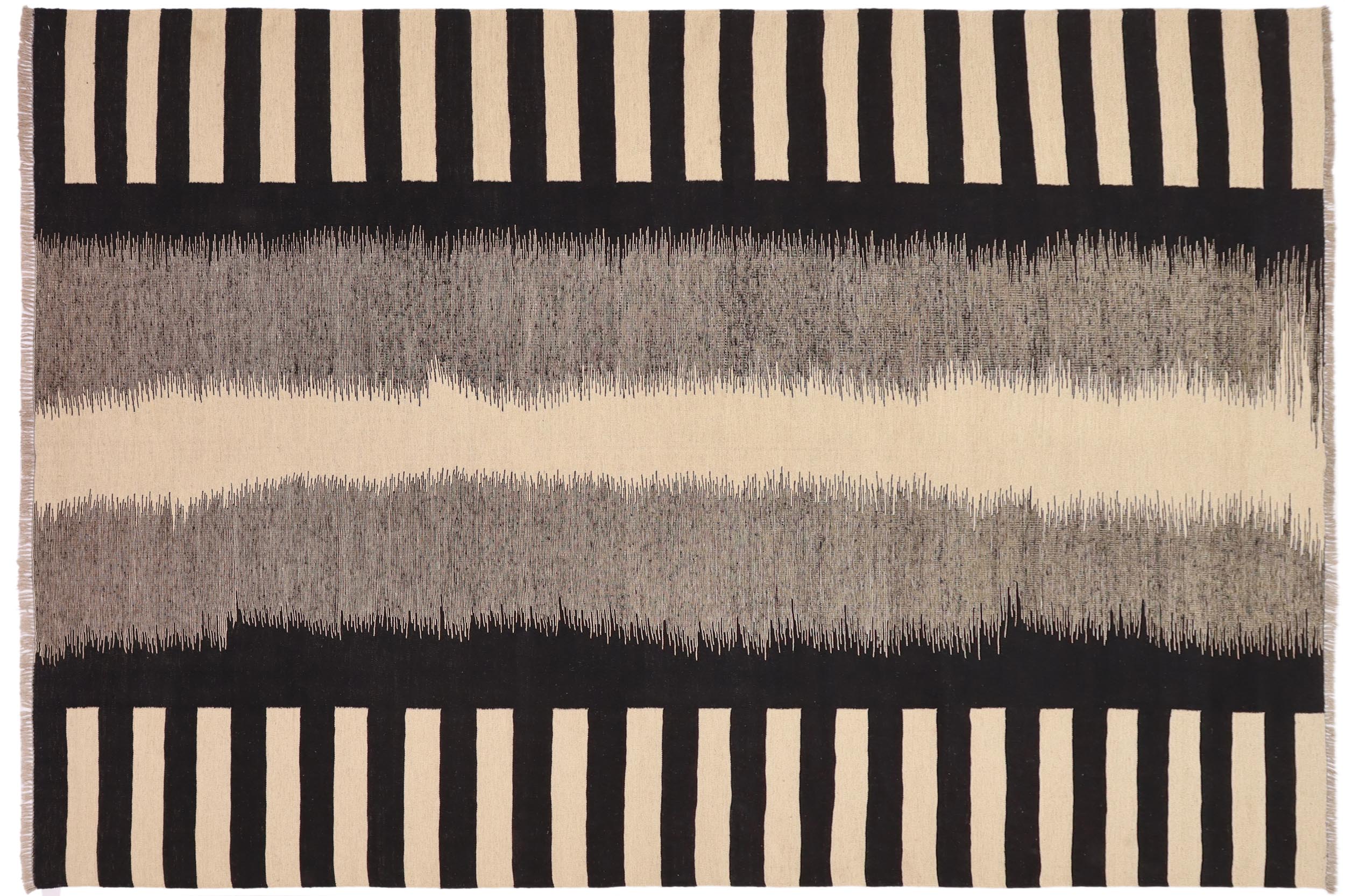 handmade Modern Kilim Beige Black Hand-Woven RECTANGLE 100% WOOL area rug 8 x 10