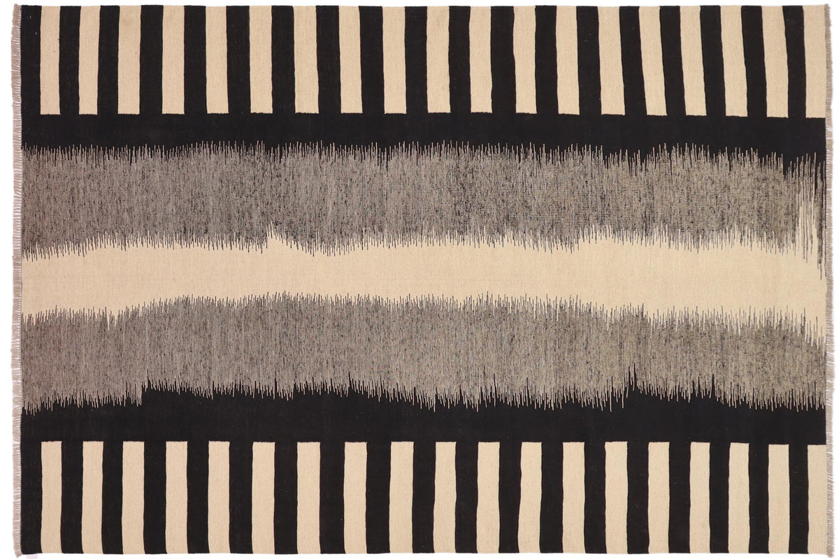 handmade Modern Kilim Beige Black Hand-Woven RECTANGLE 100% WOOL area rug 8 x 10