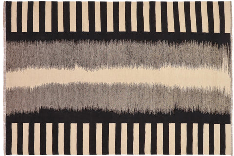 handmade Modern Kilim Beige Black Hand-Woven RECTANGLE 100% WOOL area rug 8 x 10