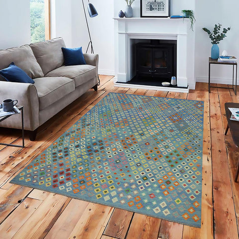 handmade Geometric Kilim Blue Red Hand-Woven RECTANGLE 100% WOOL area rug 8 x 10