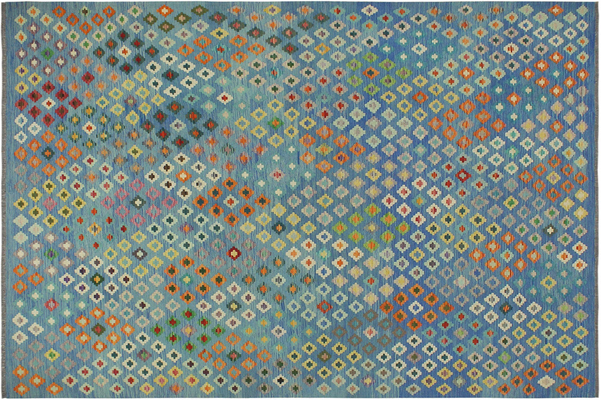 handmade Geometric Kilim Blue Red Hand-Woven RECTANGLE 100% WOOL area rug 8 x 10