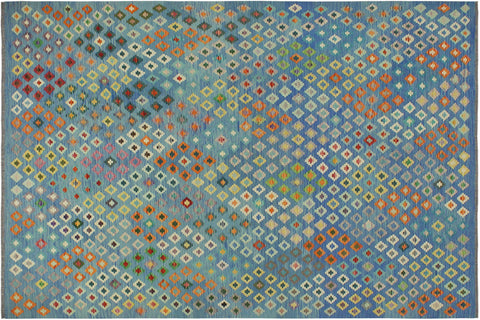 handmade Geometric Kilim Blue Red Hand-Woven RECTANGLE 100% WOOL area rug 8 x 10