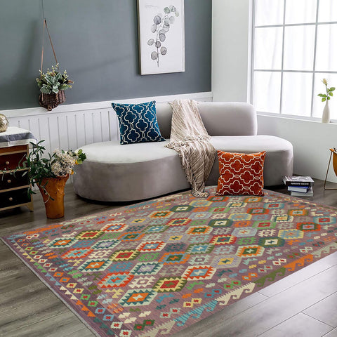 handmade Geometric Kilim Purple Blue Hand-Woven RECTANGLE 100% WOOL area rug 8 x 10