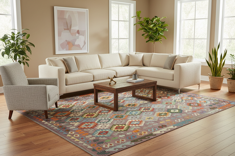 handmade Geometric Kilim Purple Blue Hand-Woven RECTANGLE 100% WOOL area rug 8 x 10