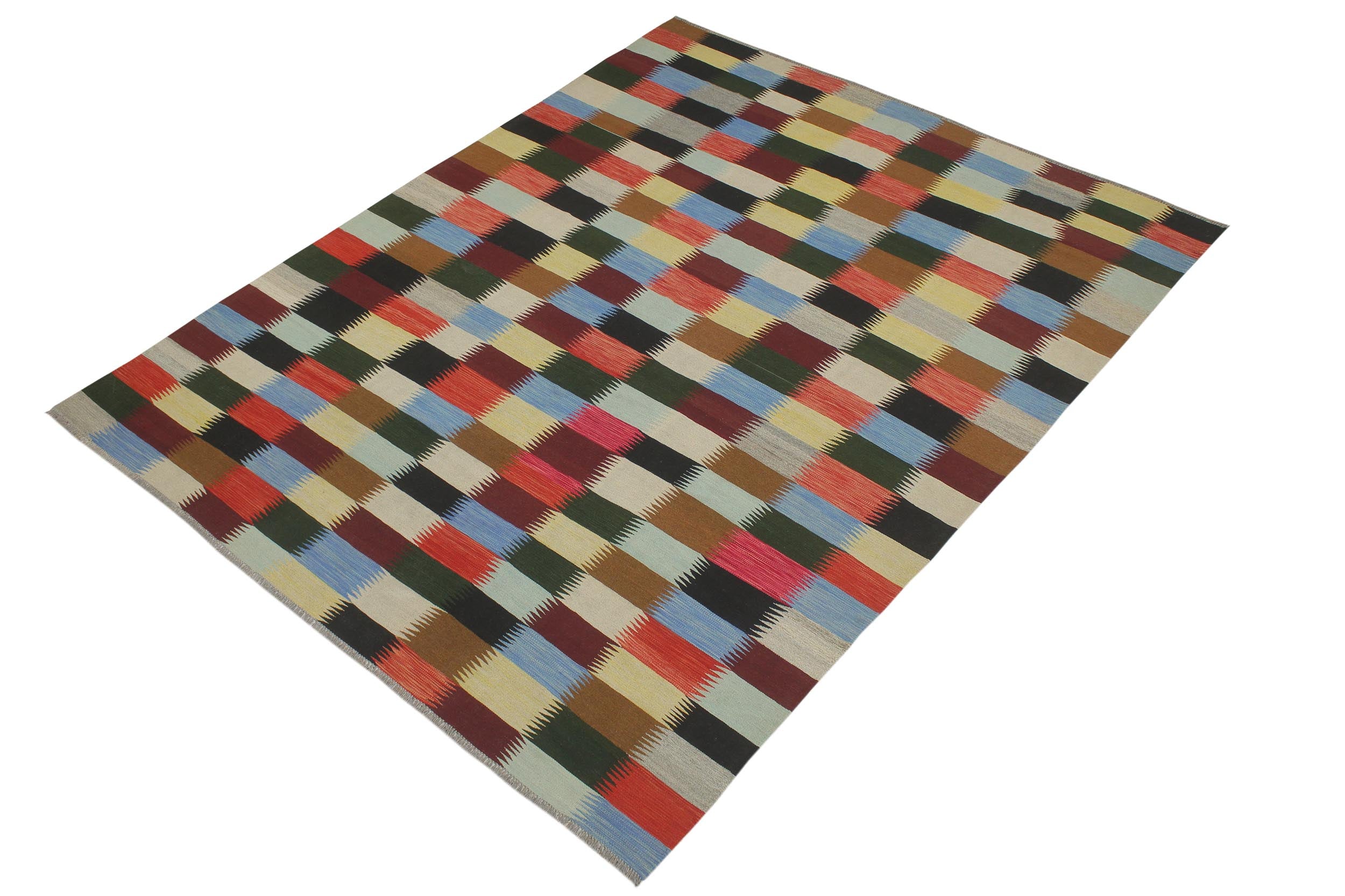 handmade Modern Kilim Rust Blue Hand-Woven RECTANGLE 100% WOOL area rug 8x11
