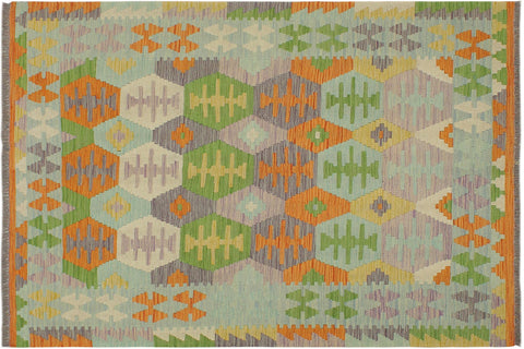 handmade Geometric Kilim Blue Beige Hand-Woven RECTANGLE 100% WOOL area rug 4 x 6