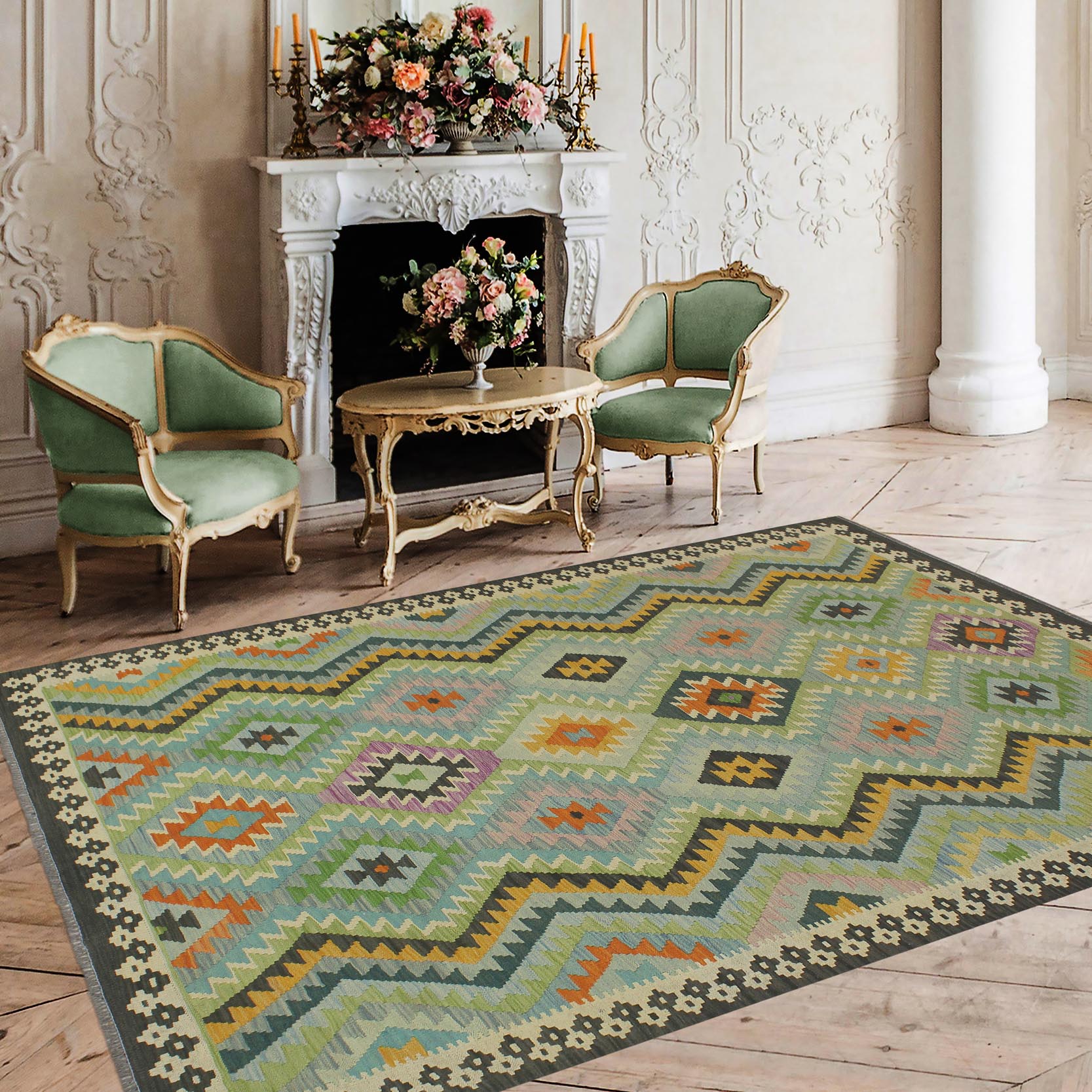 handmade Geometric Kilim Blue Charcoal Hand-Woven RECTANGLE 100% WOOL area rug 6 x 8