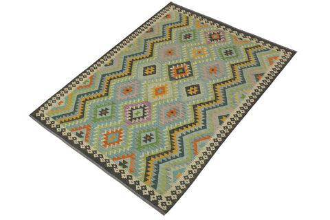 handmade Geometric Kilim Blue Charcoal Hand-Woven RECTANGLE 100% WOOL area rug 6 x 8