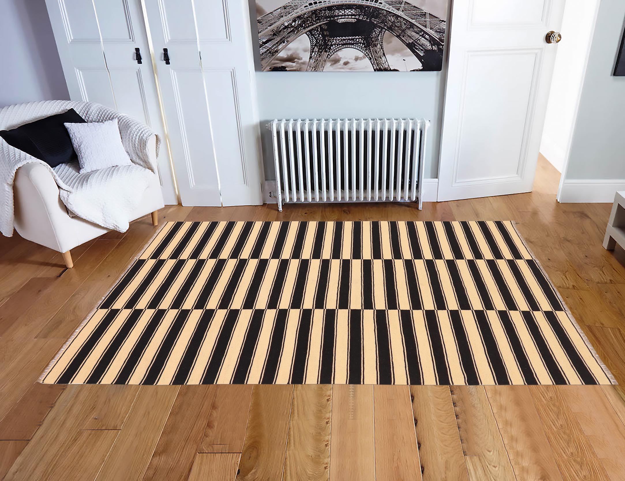 handmade Modern Kilim Beige Black Hand-Woven RECTANGLE 100% WOOL area rug 6 x 8