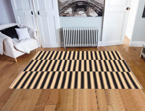 handmade Modern Kilim Beige Black Hand-Woven RECTANGLE 100% WOOL area rug 6 x 8