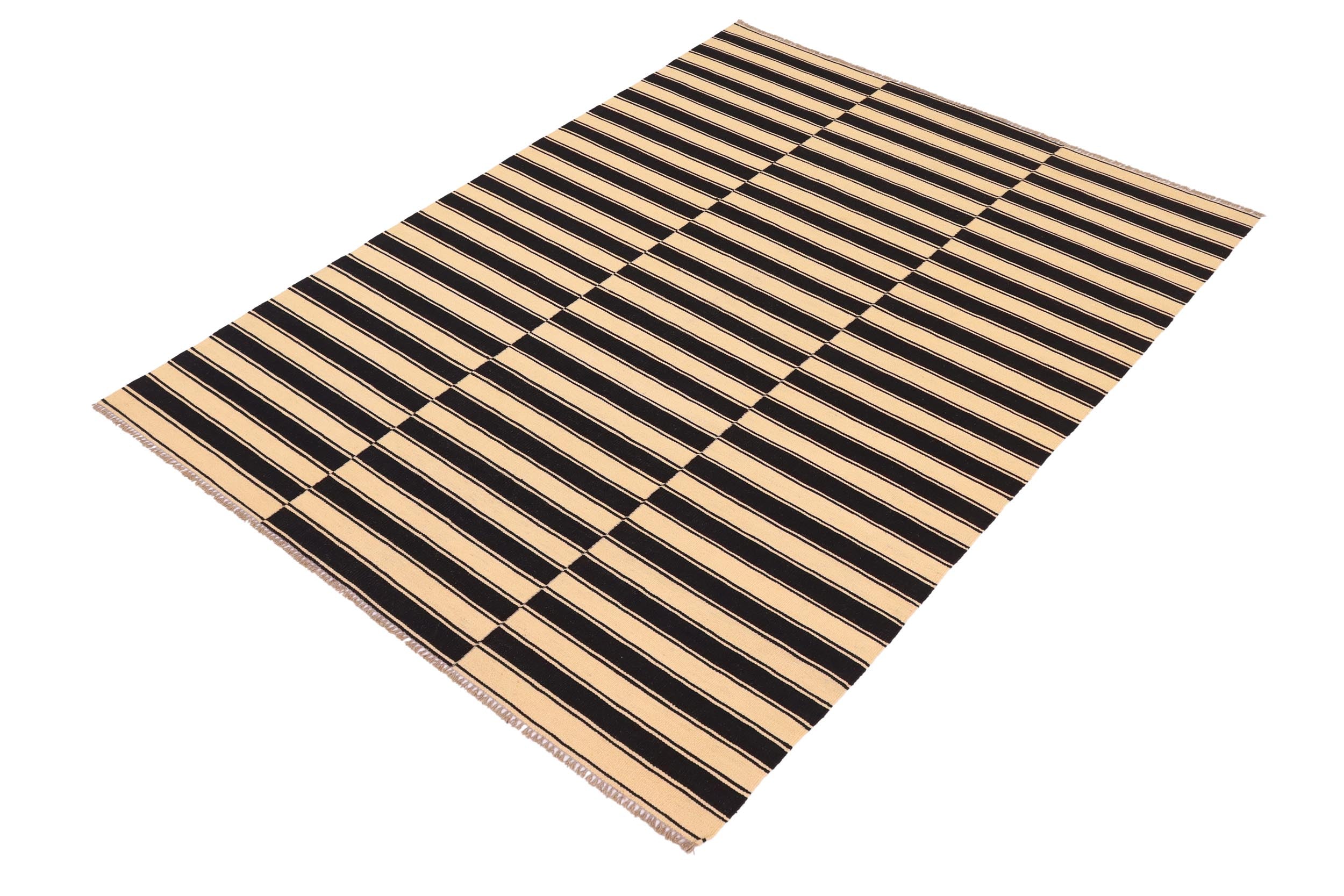 handmade Modern Kilim Beige Black Hand-Woven RECTANGLE 100% WOOL area rug 6 x 8
