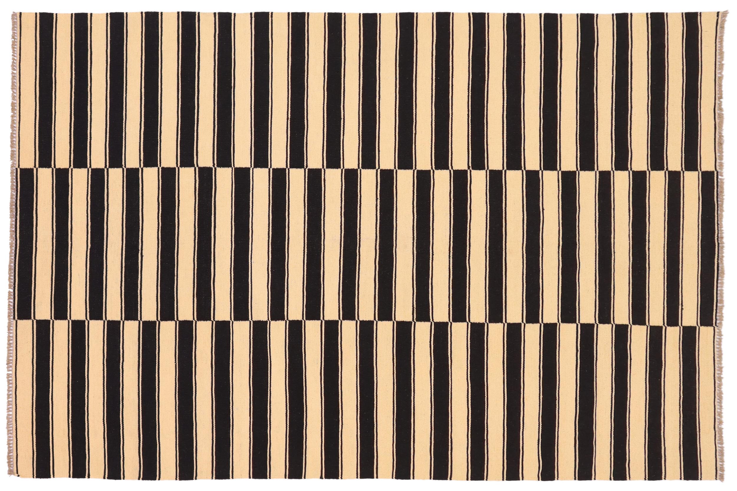 handmade Modern Kilim Beige Black Hand-Woven RECTANGLE 100% WOOL area rug 6 x 8