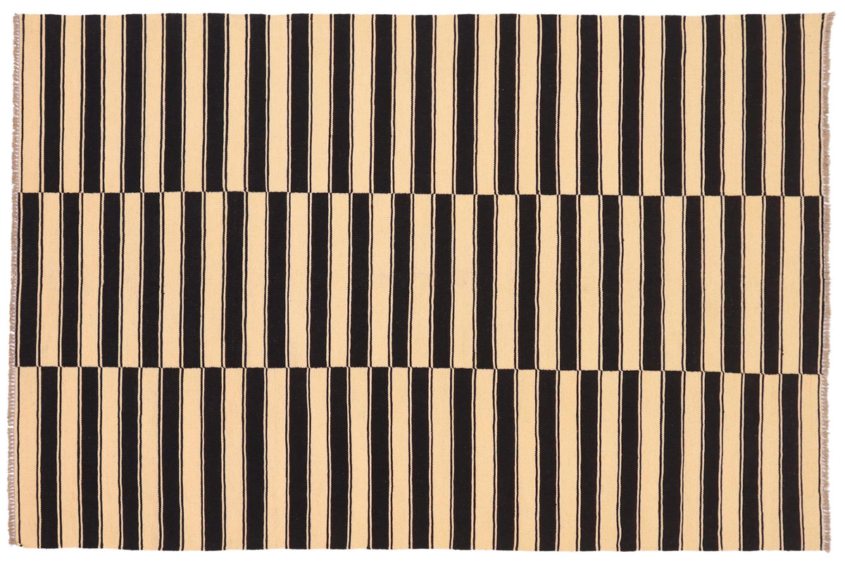 handmade Modern Kilim Beige Black Hand-Woven RECTANGLE 100% WOOL area rug 6 x 8