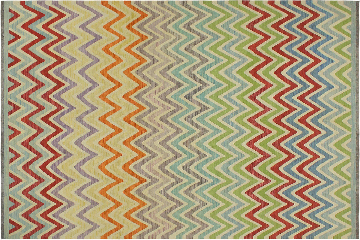 handmade Modern Kilim Red Blue Hand-Woven RECTANGLE 100% WOOL area rug 8x10