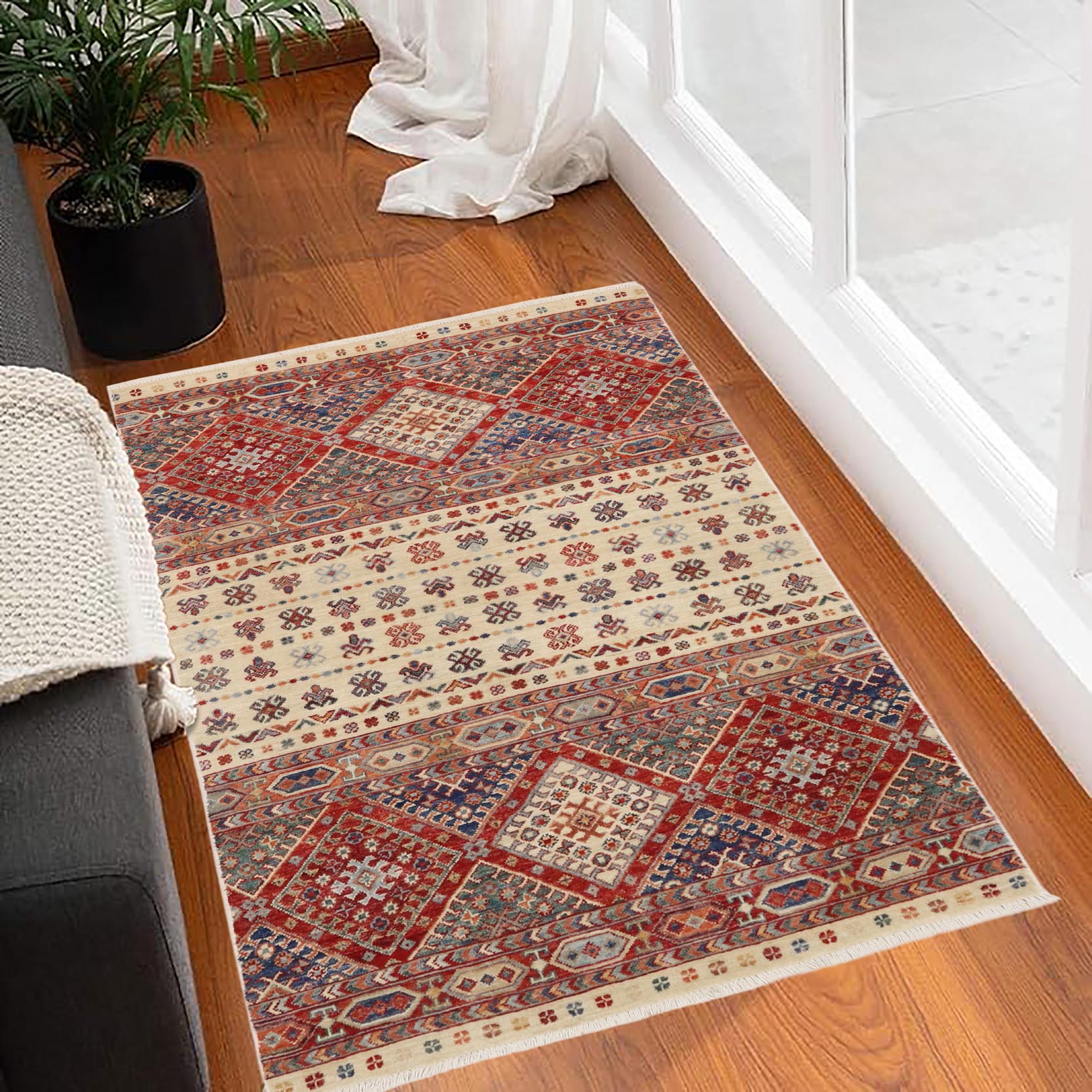 handmade Geometric Kurjean Beige Red Hand Knotted RECTANGLE 100% WOOL area rug 3x5