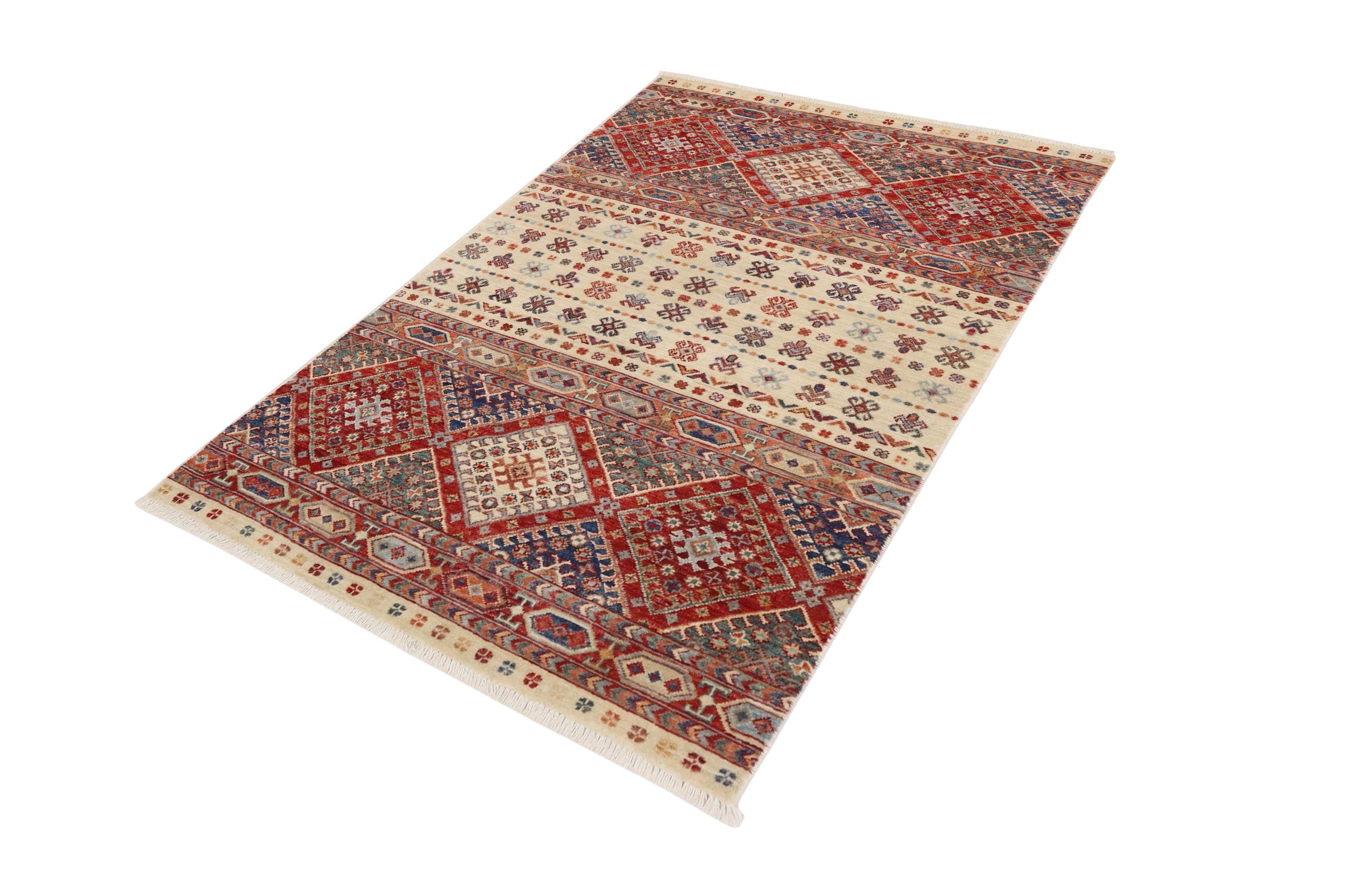 handmade Geometric Kurjean Beige Red Hand Knotted RECTANGLE 100% WOOL area rug 3x5