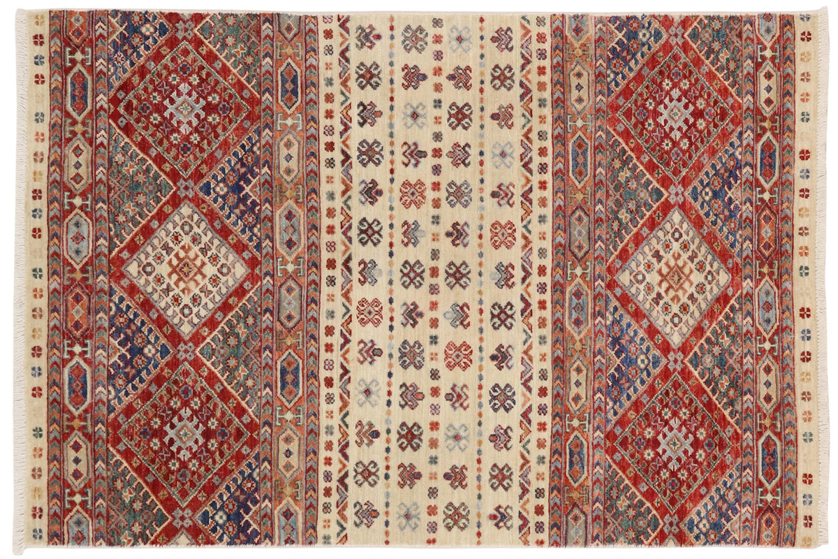 handmade Geometric Kurjean Beige Red Hand Knotted RECTANGLE 100% WOOL area rug 3x5