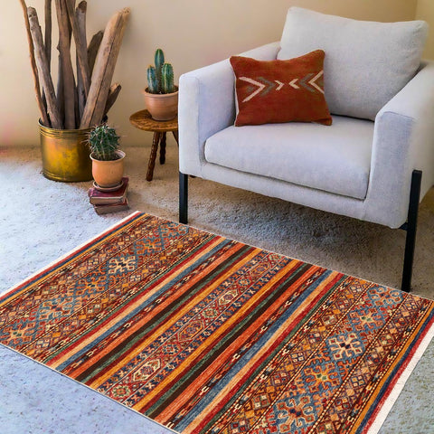 handmade Geometric Kurjean Red Blue Hand Knotted RECTANGLE 100% WOOL area rug 3x4