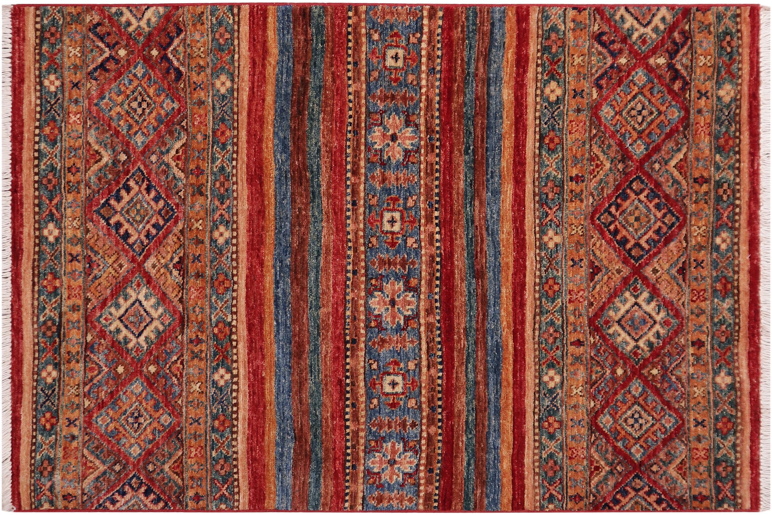 handmade Geometric Kurjean Red Blue Hand Knotted RECTANGLE 100% WOOL area rug 3x4
