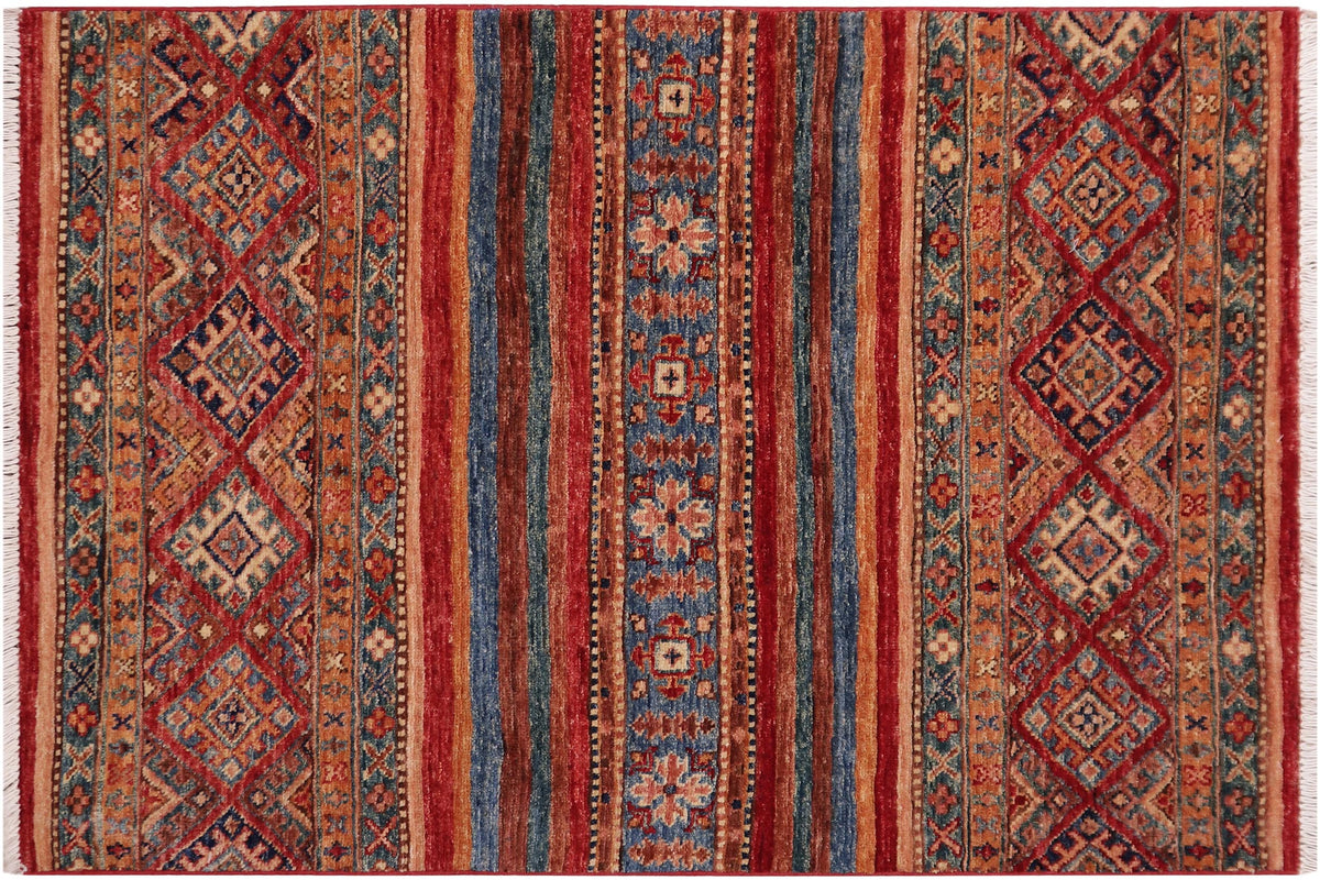 handmade Geometric Kurjean Red Blue Hand Knotted RECTANGLE 100% WOOL area rug 3x4