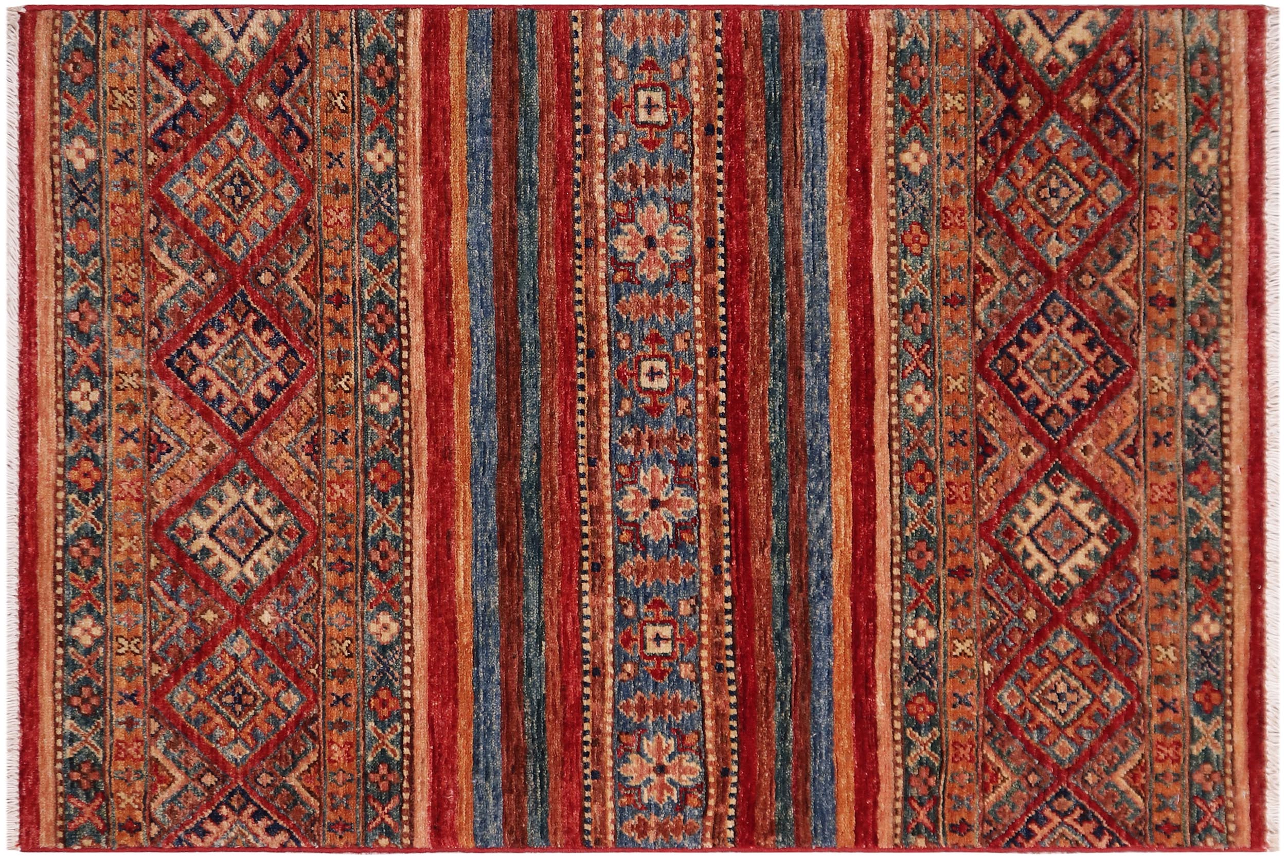 handmade Geometric Kurjean Red Blue Hand Knotted RECTANGLE 100% WOOL area rug 3x4