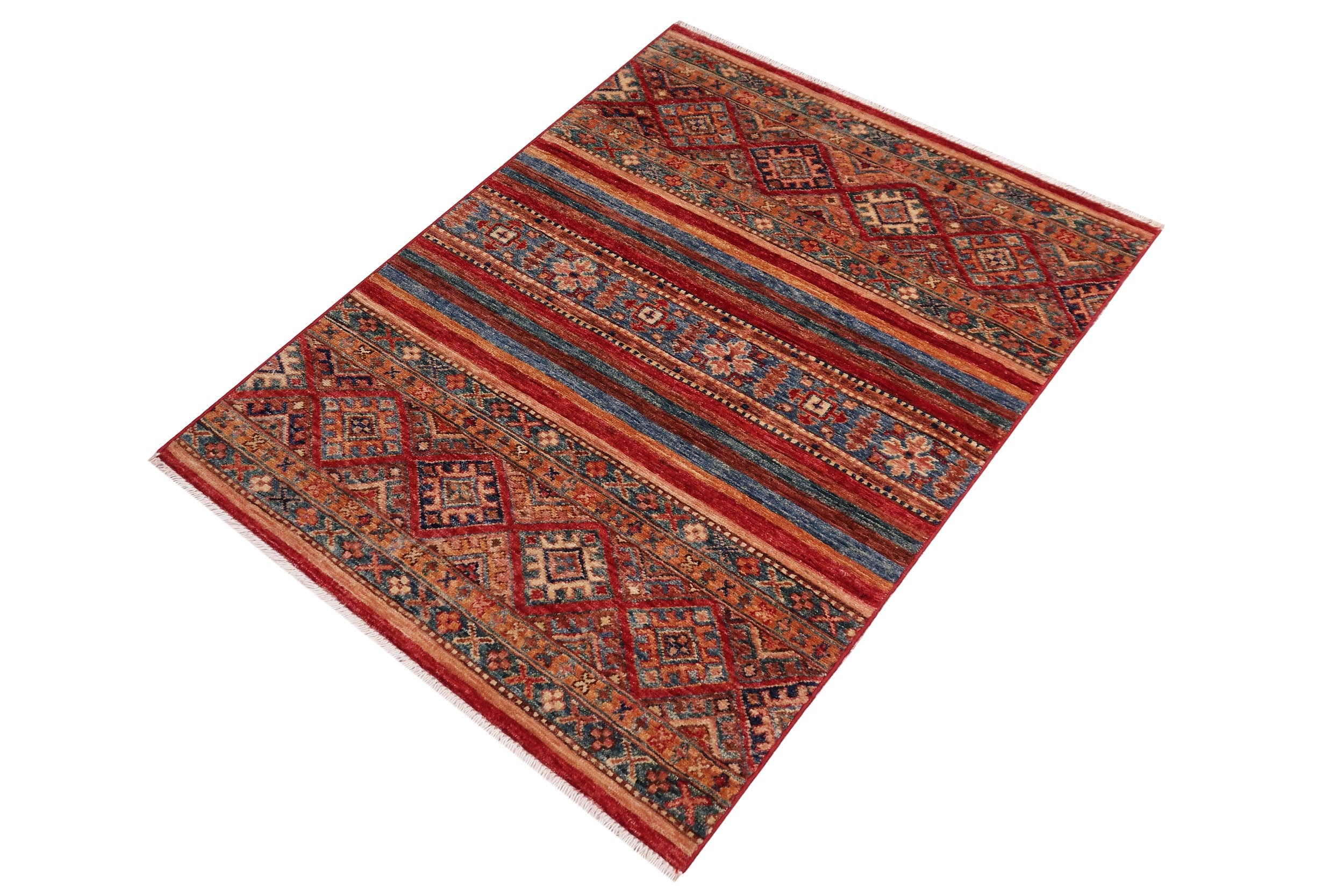 handmade Geometric Kurjean Red Blue Hand Knotted RECTANGLE 100% WOOL area rug 3x4