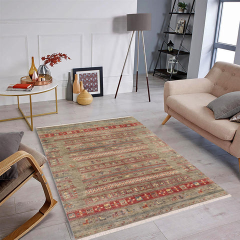 handmade Geometric Kurjean Green Red Hand Knotted RECTANGLE 100% WOOL area rug 4x6