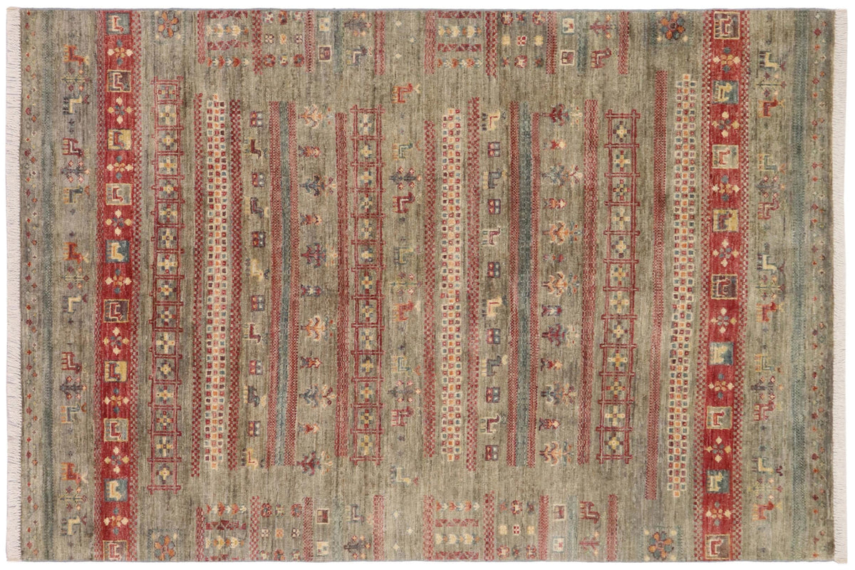 handmade Geometric Kurjean Green Red Hand Knotted RECTANGLE 100% WOOL area rug 4x6