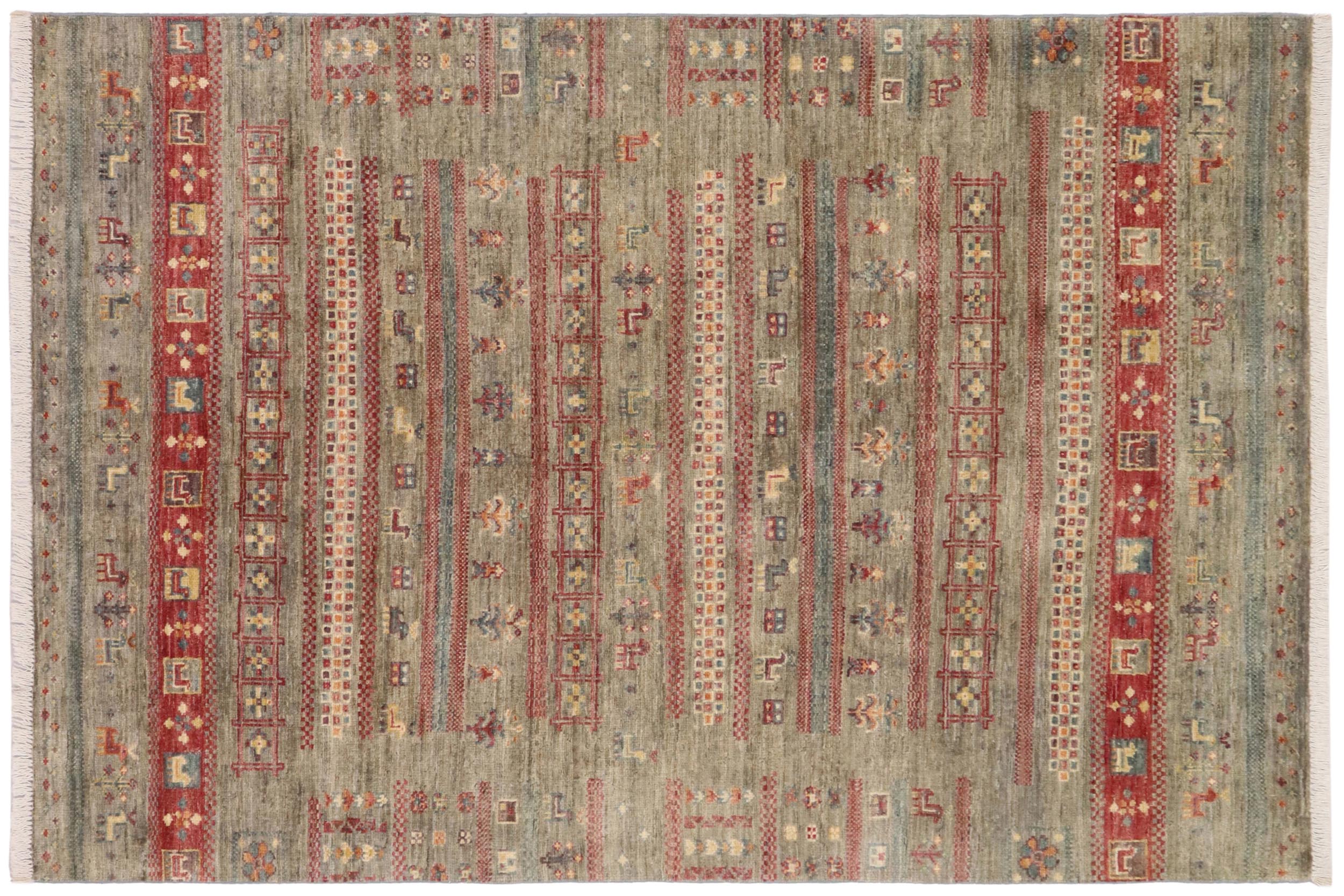 handmade Geometric Kurjean Green Red Hand Knotted RECTANGLE 100% WOOL area rug 4x6