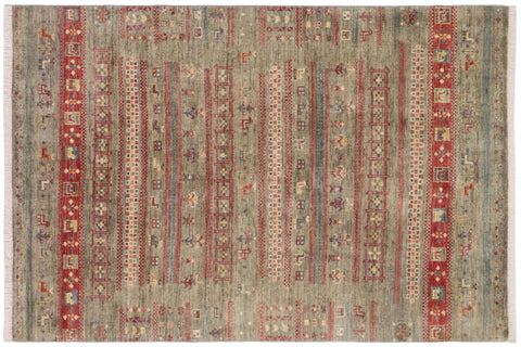 handmade Geometric Kurjean Green Red Hand Knotted RECTANGLE 100% WOOL area rug 4x6