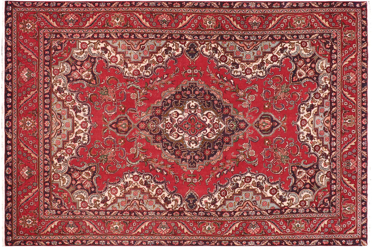 handmade Vintage Tabriz Red Blue Hand Knotted RECTANGLE 100% WOOL area rug 7' x 11'