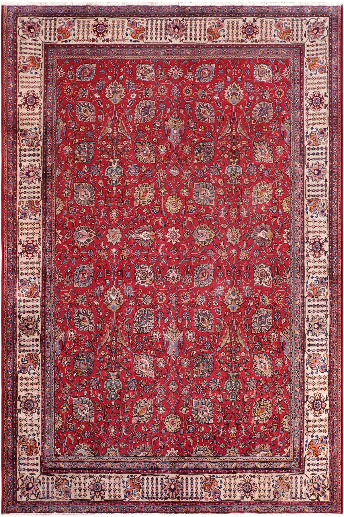 Distressed Antique Tabriz Harvey Red/Beige Wool Rug - 9'11''X13'2''