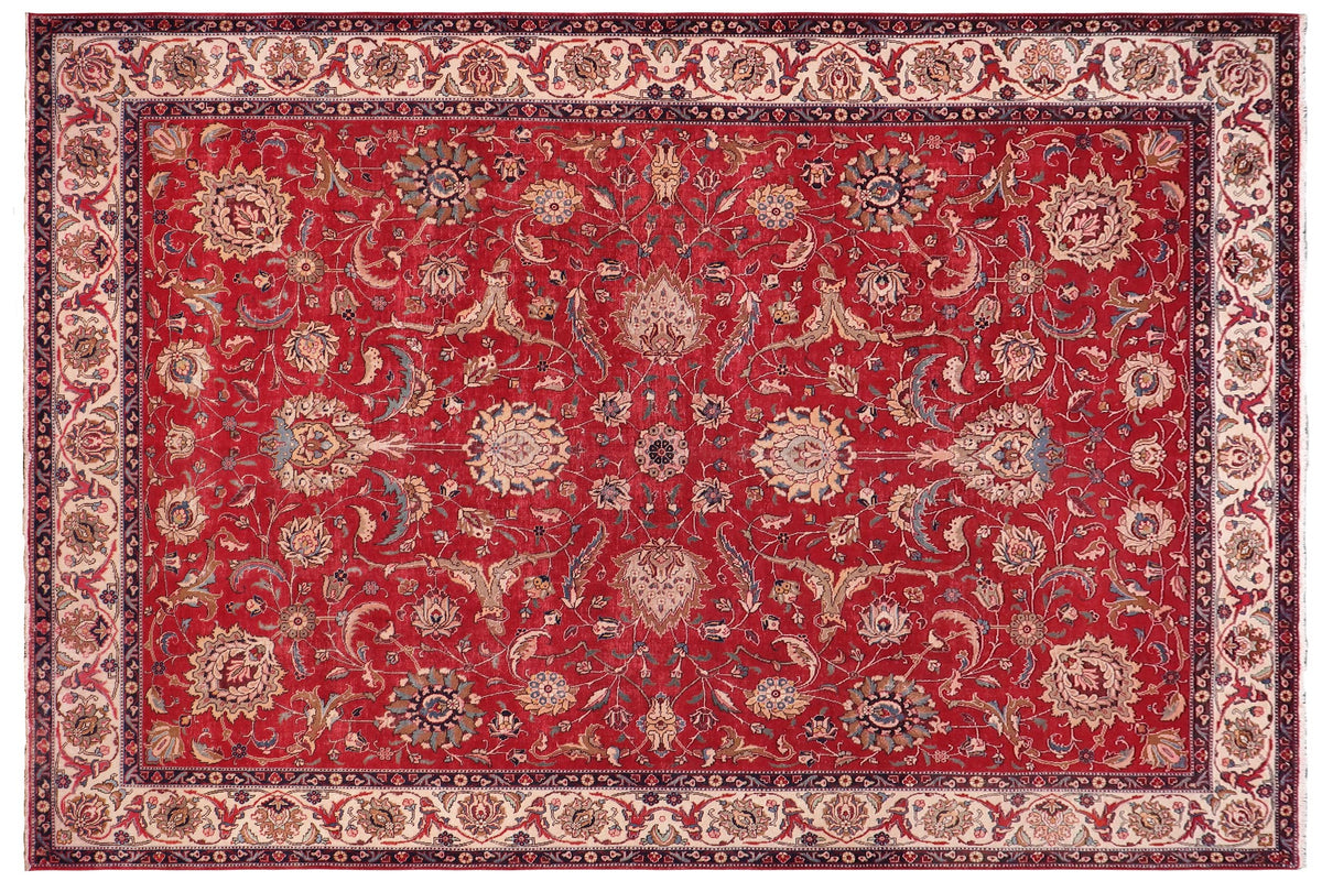 handmade Vintage Tabriz Red Beige Hand Knotted RECTANGLE 100% WOOL area rug 10' x 13'