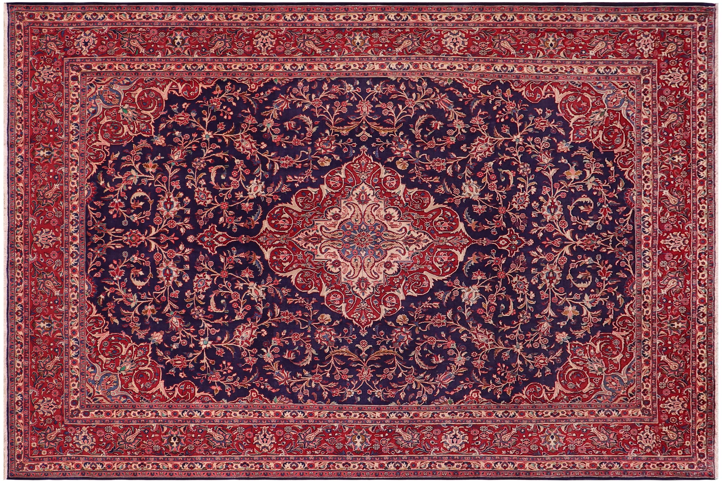 handmade Vintage Kashan Blue Red Hand Knotted RECTANGLE 100% WOOL area rug 10' x 13'
