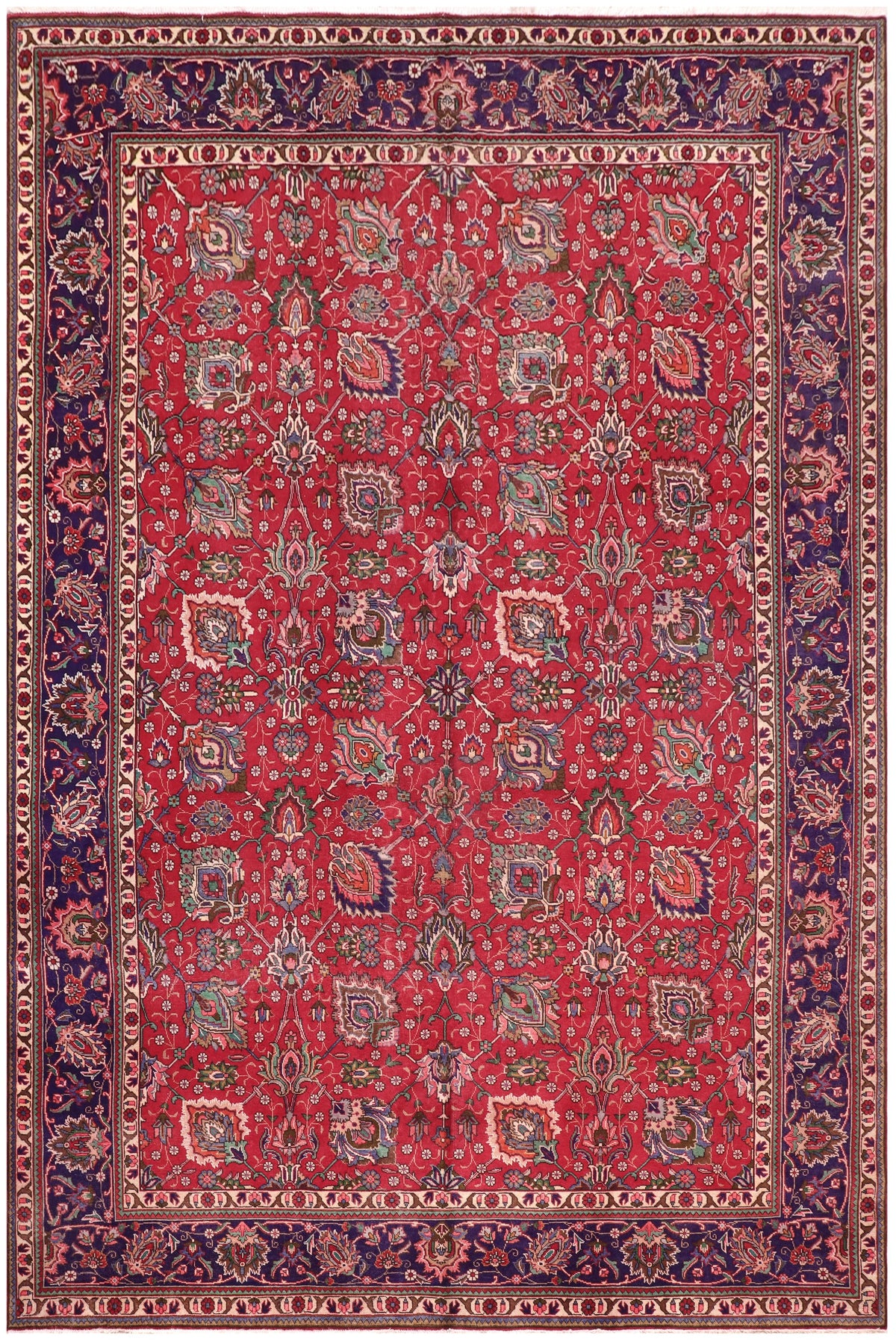 Vintage Antique Tabriz Knight Red/Blue Wool Rug - 9'8''X15'0''