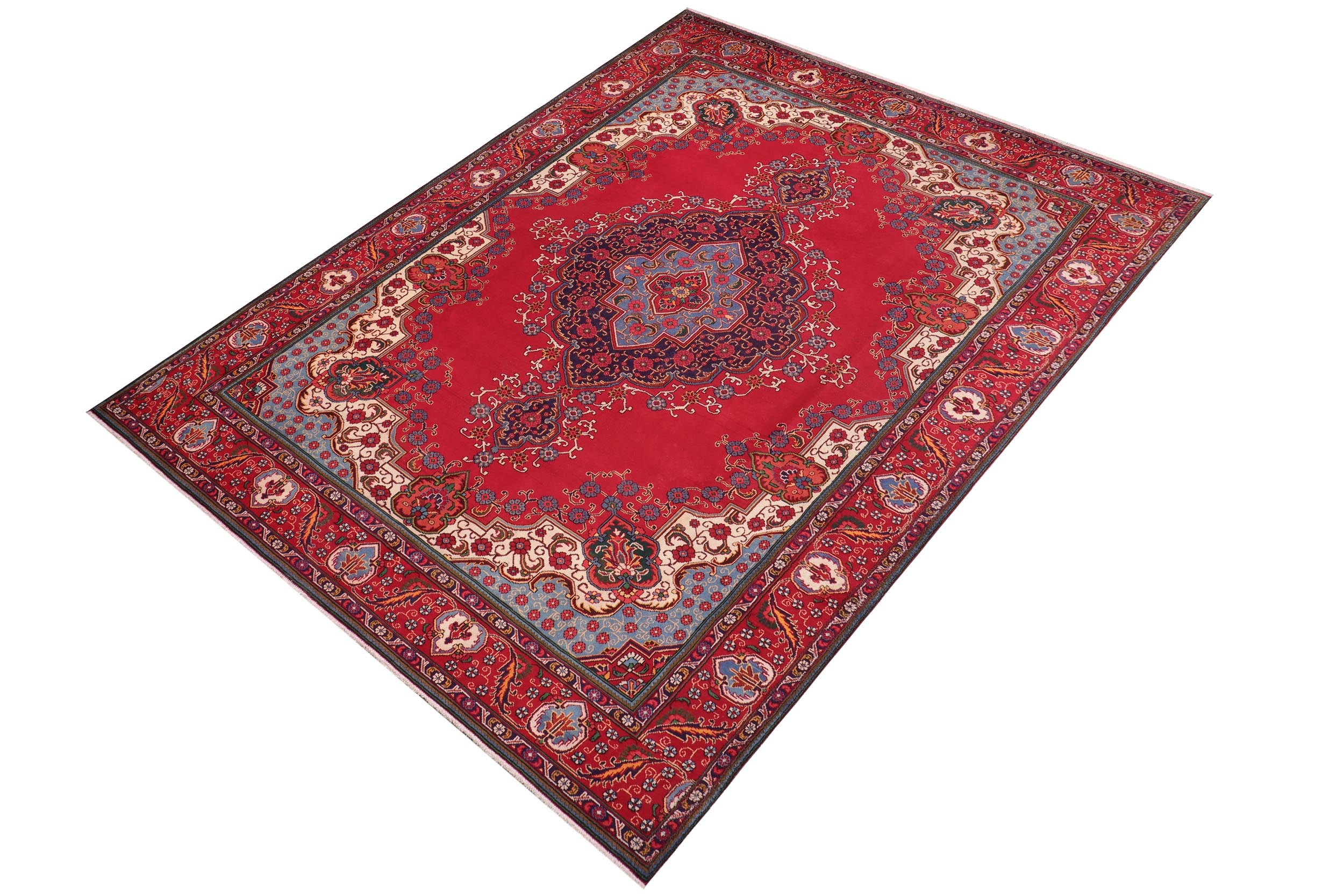 handmade Vintage Tabriz Red Blue Hand Knotted RECTANGLE 100% WOOL area rug 10' x 13'