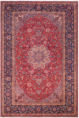 Vintage Antique Kashan Hayes Red/Blue Wool Rug - 9'8''X13'2''