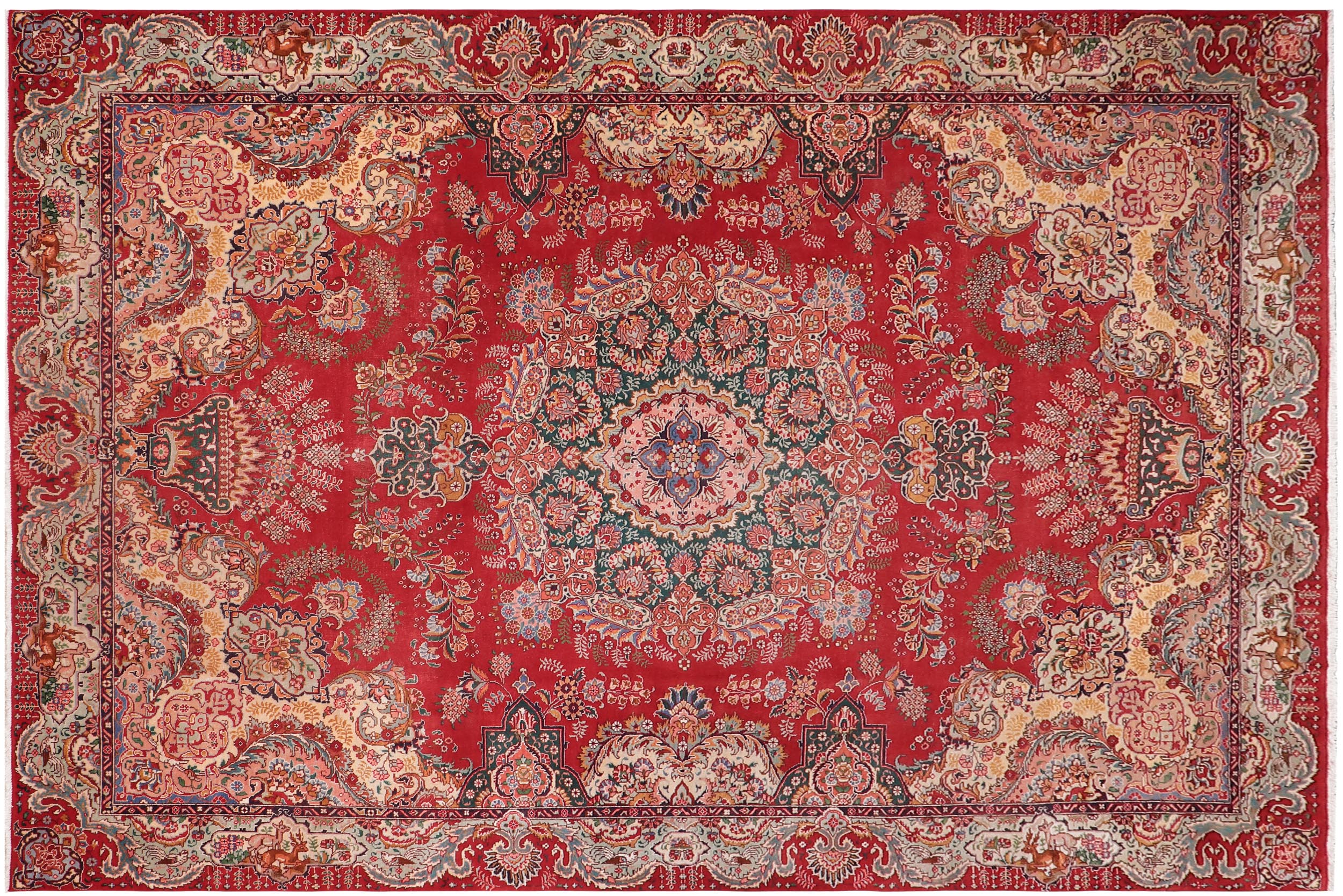 handmade Vintage Tabriz Red Green Hand Knotted RECTANGLE 100% WOOL area rug 10' x 13'