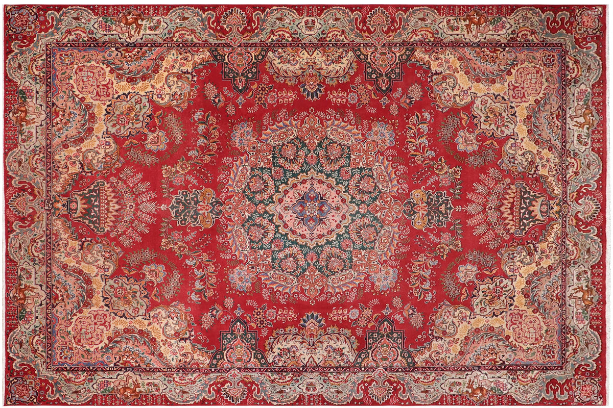 handmade Vintage Tabriz Red Green Hand Knotted RECTANGLE 100% WOOL area rug 10' x 13'