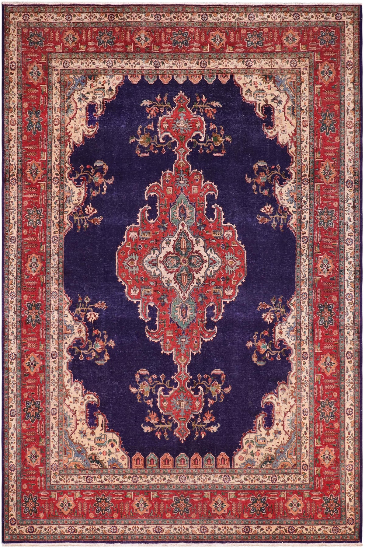 Vintage Antique Tabriz Hunter Blue/Red Wool Rug - 9'9''X12'8''