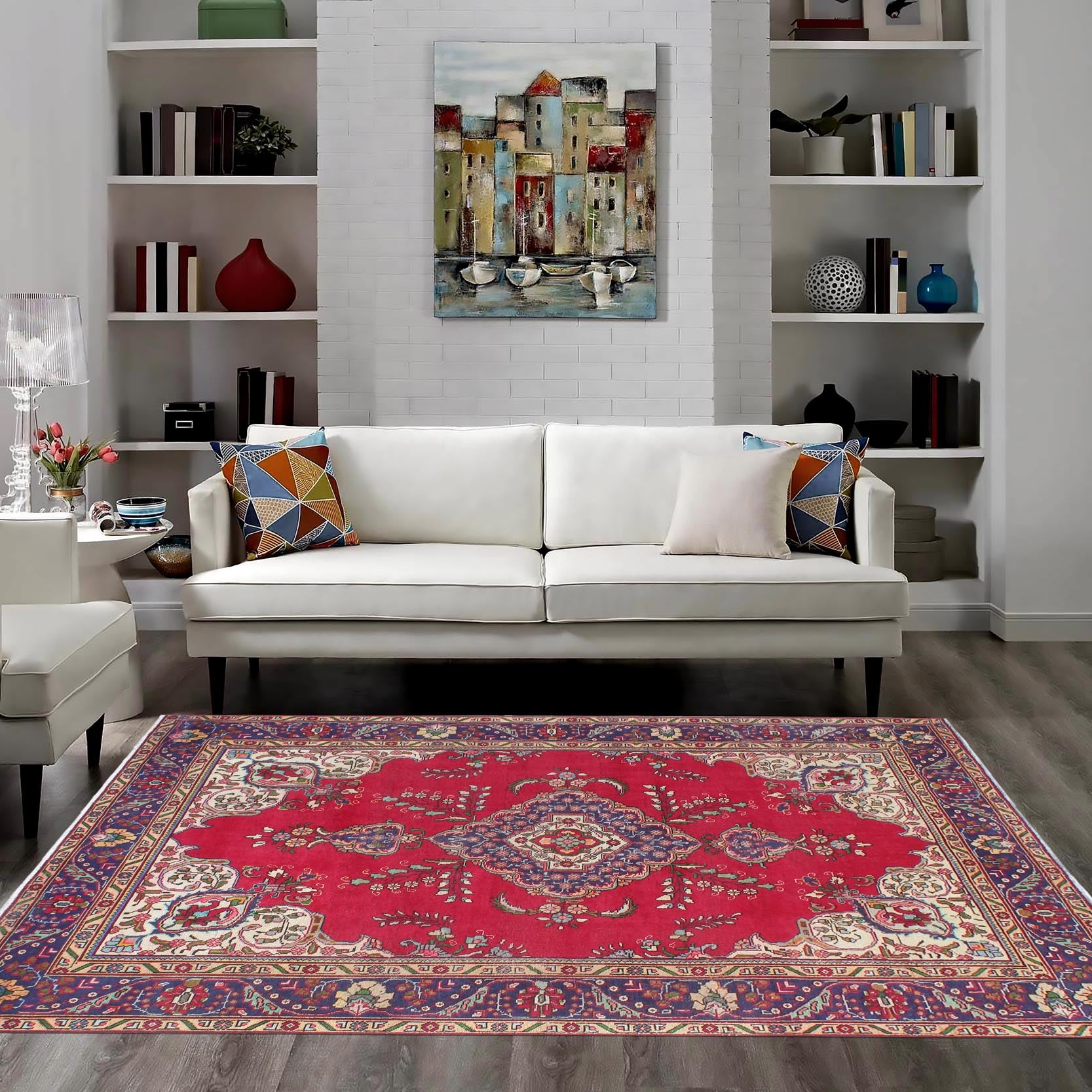 handmade Vintage Tabriz Red Blue Hand Knotted RECTANGLE 100% WOOL area rug 7' x 9'