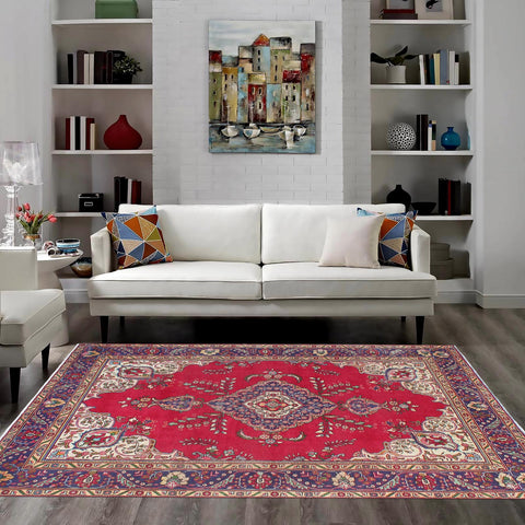 handmade Vintage Tabriz Red Blue Hand Knotted RECTANGLE 100% WOOL area rug 7' x 9'
