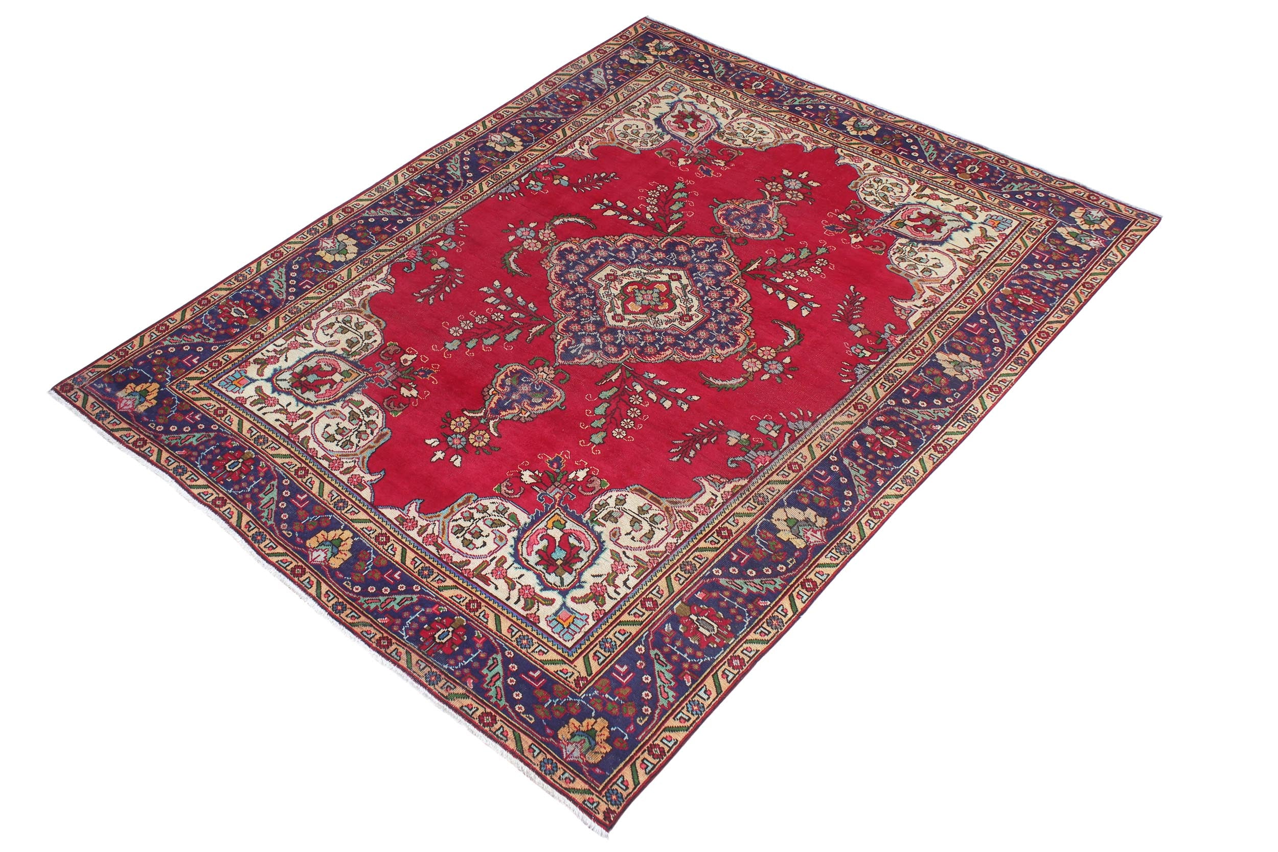 handmade Vintage Tabriz Red Blue Hand Knotted RECTANGLE 100% WOOL area rug 7' x 9'