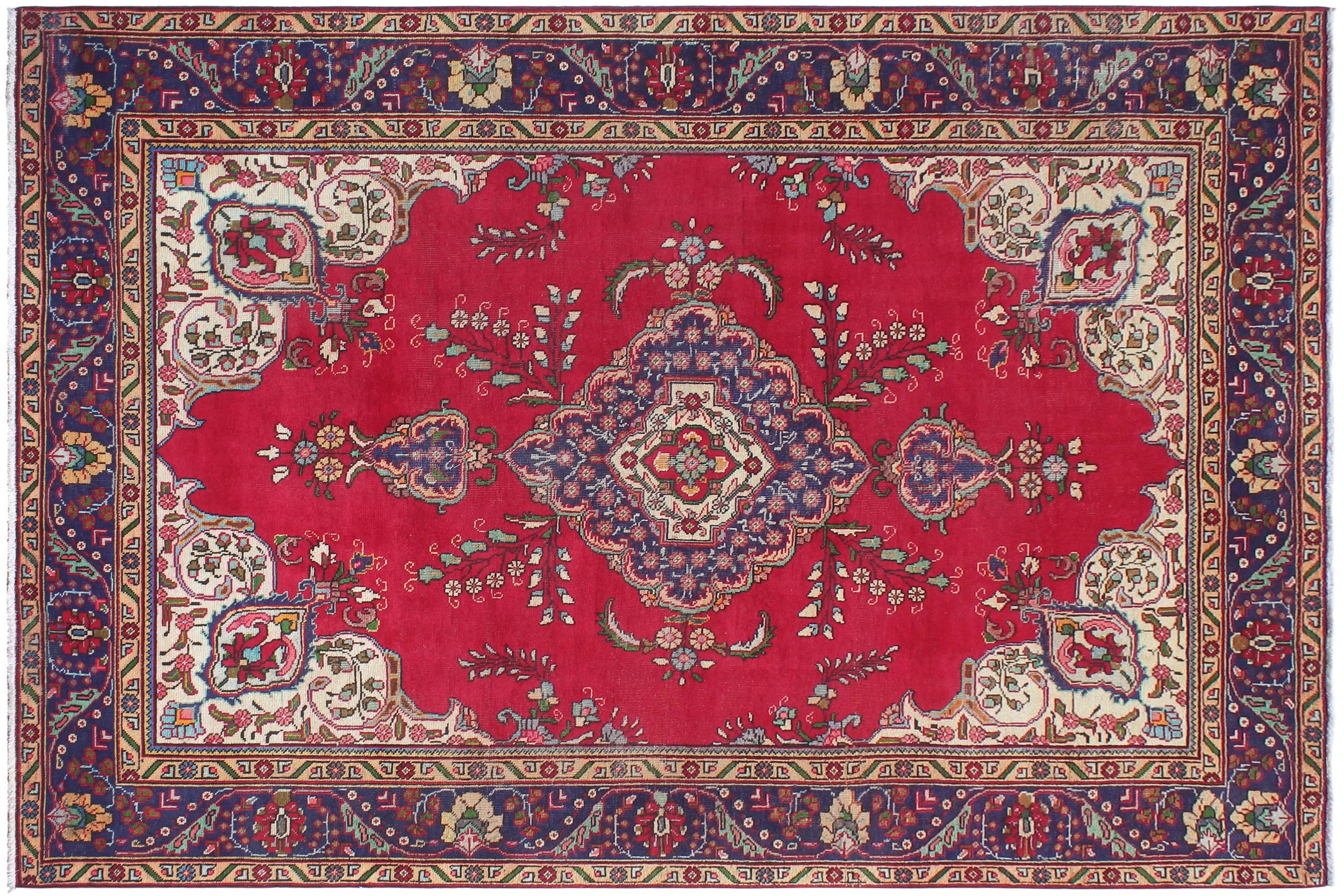 handmade Vintage Tabriz Red Blue Hand Knotted RECTANGLE 100% WOOL area rug 7' x 9'